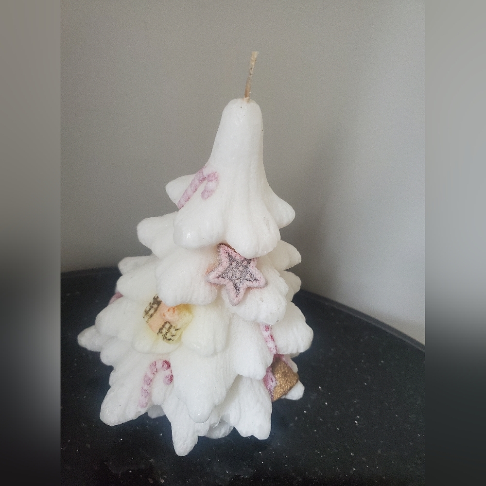 Rare LAVA Frosted Christmas Tree w/Ornaments Lead Free Wick Candle 8.5"  Unused
